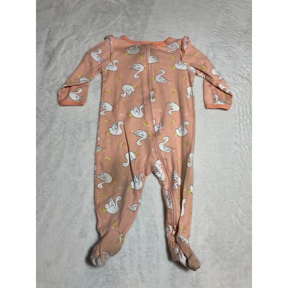 5/$25 Wonder Nation Footed Sleeper Baby Girl 6-9M Peach Swan Floral Ruffle Zip